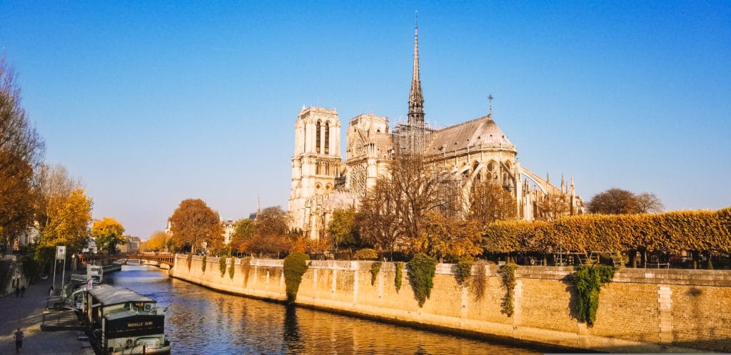 View of back of Notre Dame Cathedral in Paris