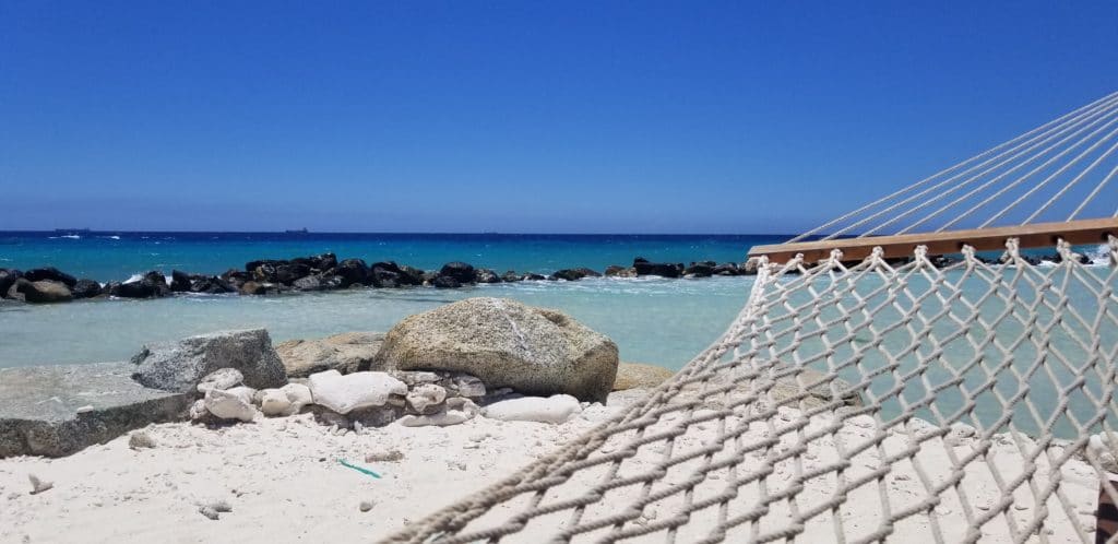 View from hammock on Renaissance Island, ARuba