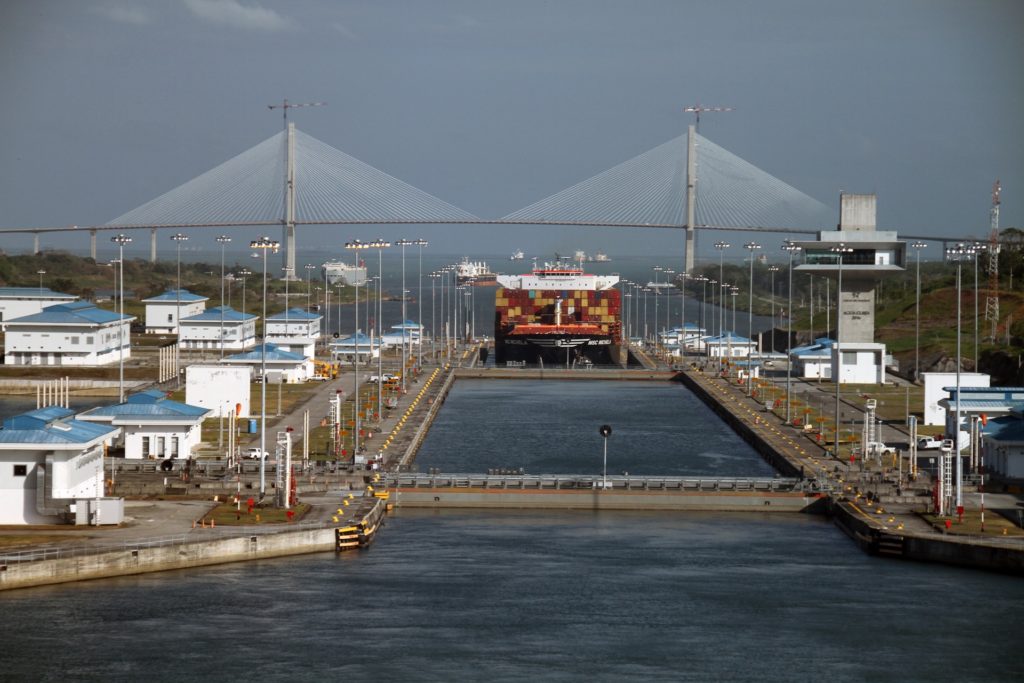 Cargo ship passing through the Panama Canal