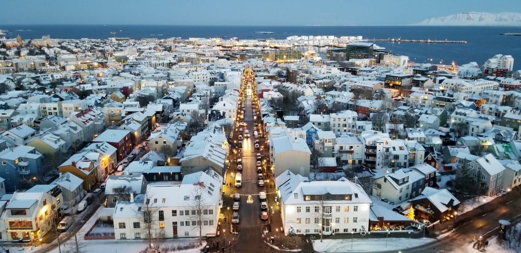 Aerial view of Reykjavik in winter