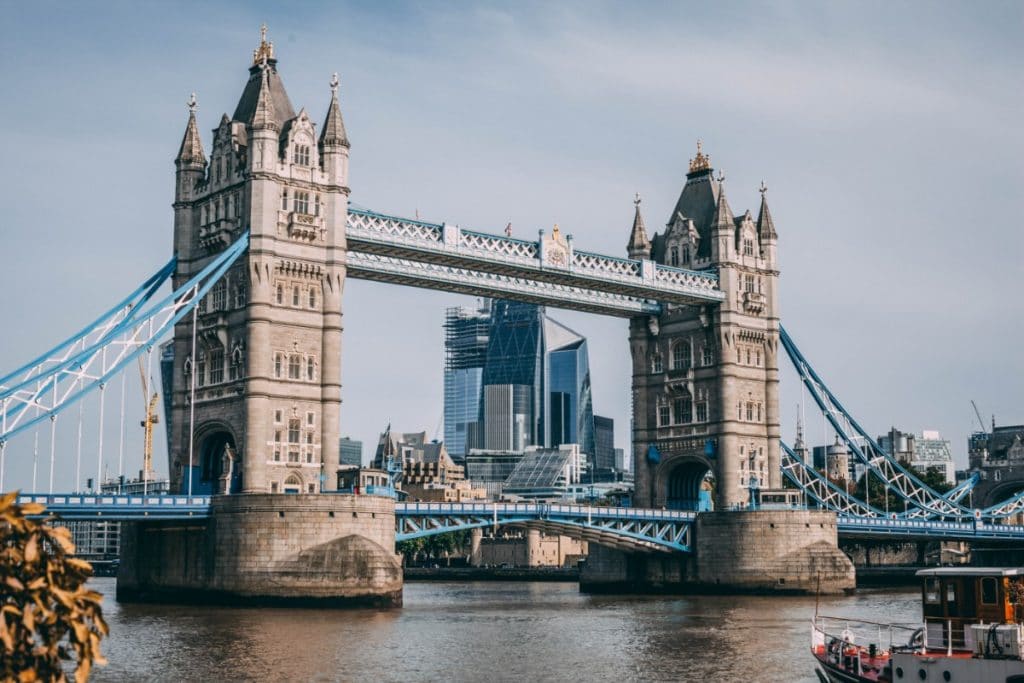 Tower Bridge in London on a slightly cloudy day